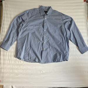 Club Room Mens Dress Shirt 18 34/35 Blue Check Regular Fit Long Sleeve Cotton